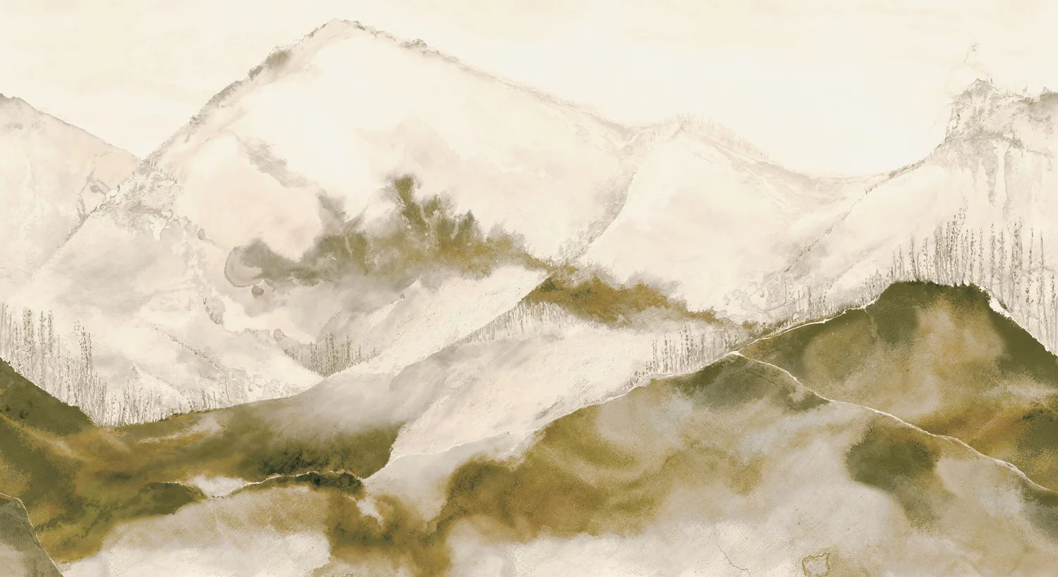 Mural z abaki z górskim motywem HORIZON - SABLE BEIGE DORÉ beżowy ze złotym