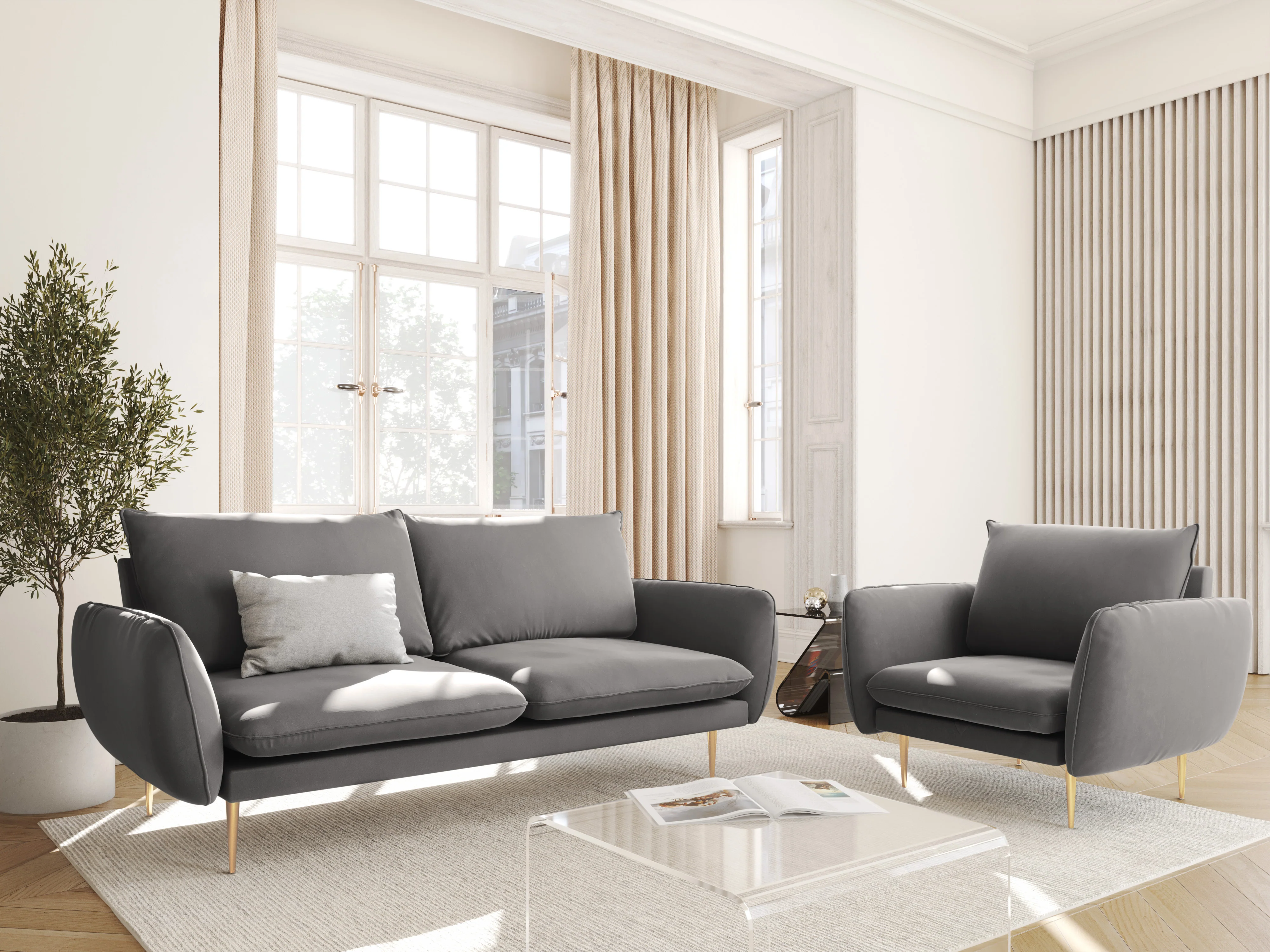 Sofa aksamitna 2-osobowa VIENNA jasnoszary ze złotą podstawą - Image 2