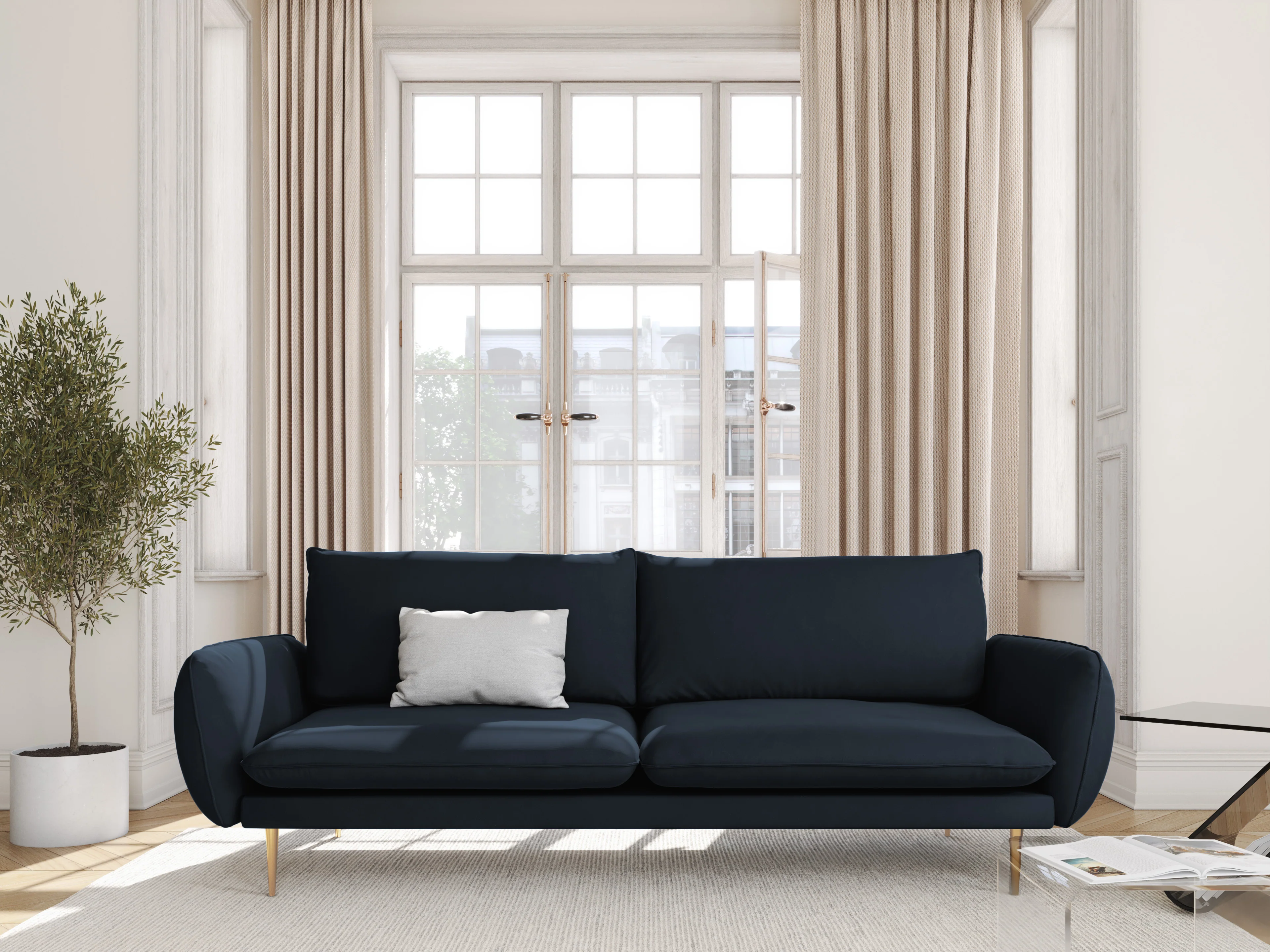 Sofa aksamitna 3-osobowa VIENNA ciemnoniebieski ze złotą podstawą - Image 2