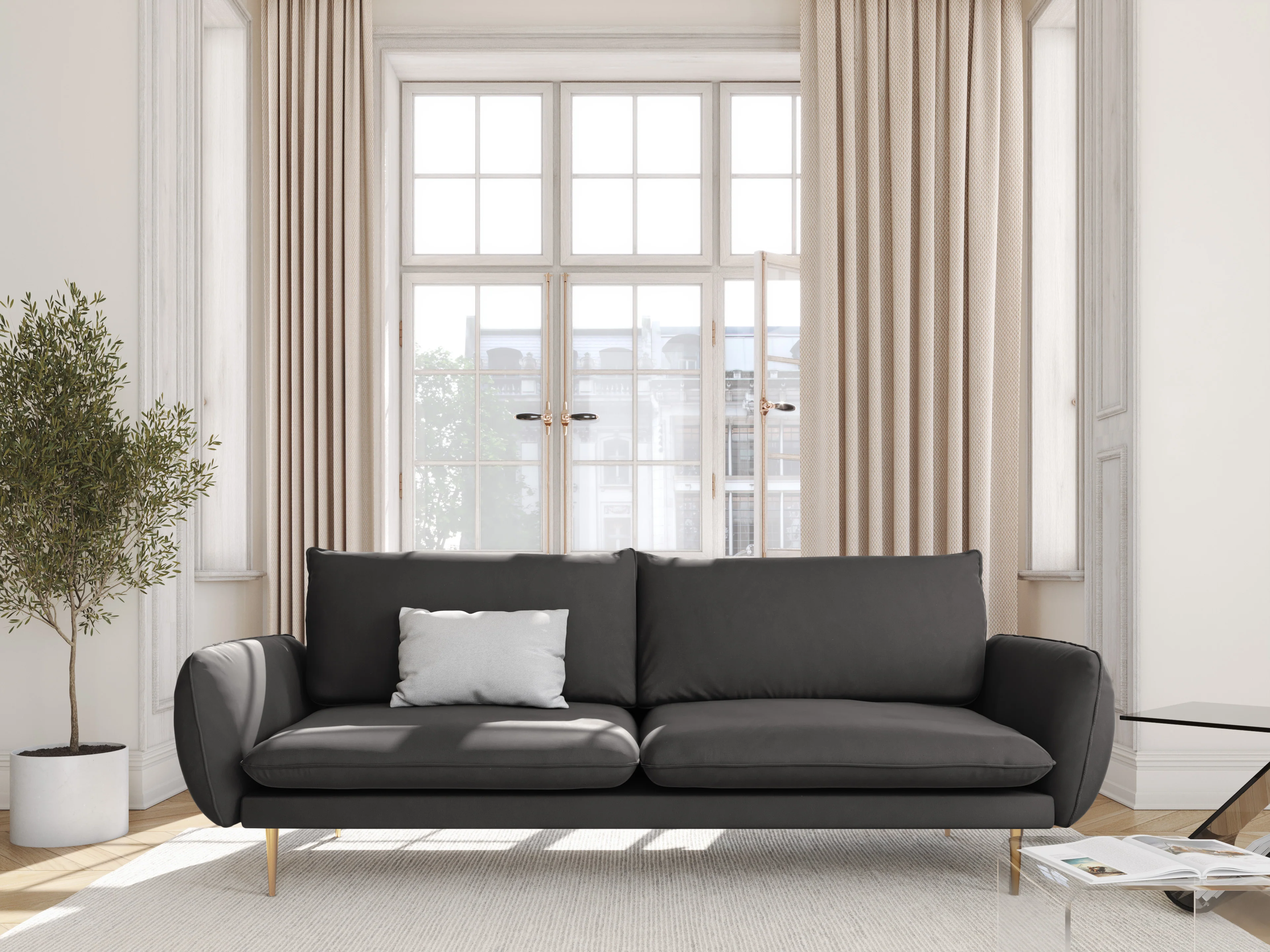 Sofa aksamitna 3-osobowa VIENNA ciemnoszary ze złotą podstawą - Image 2