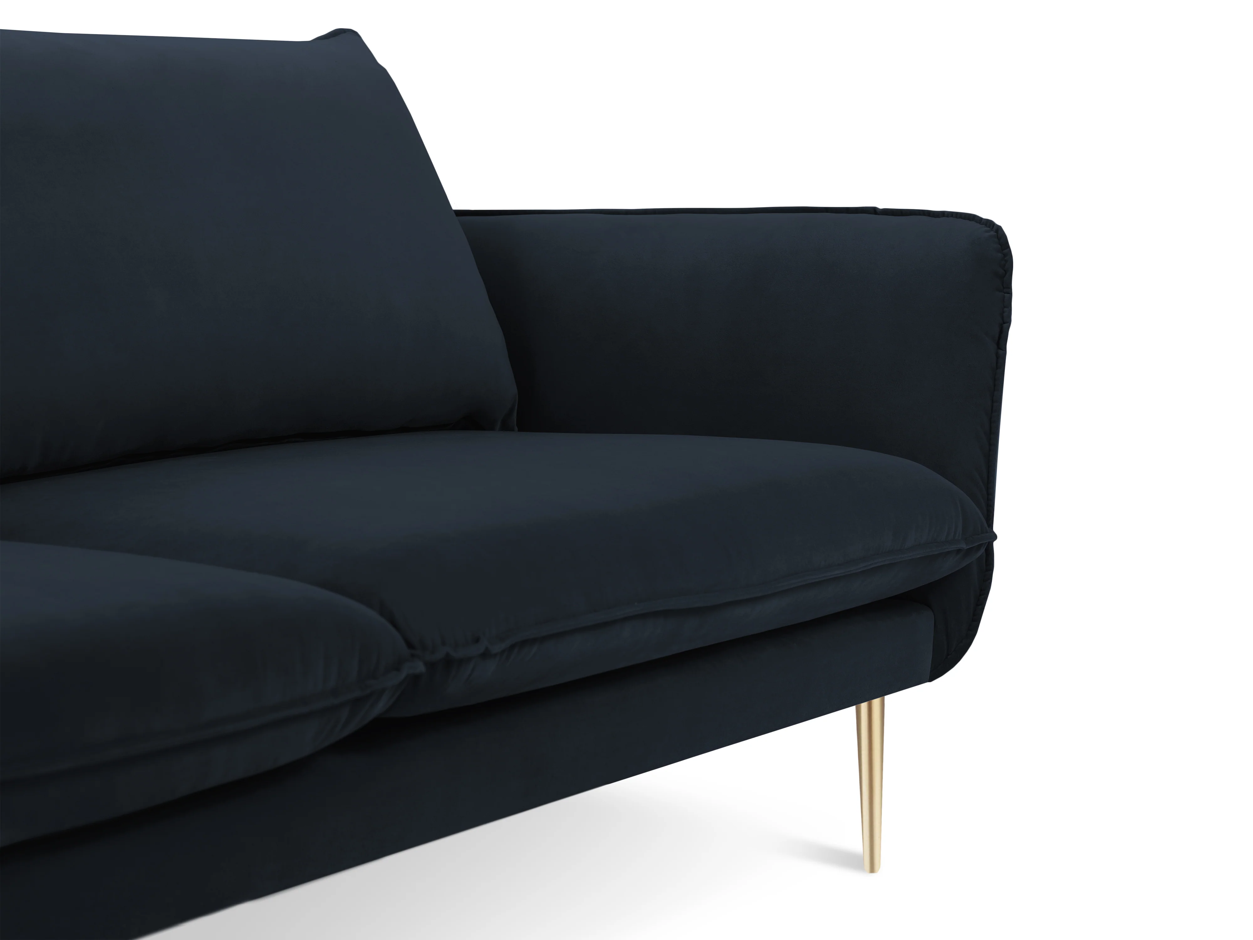 Sofa panoramiczna aksamitna 6-osobowa VIENNA ciemnoniebieski ze złotą podstawą - Image 7