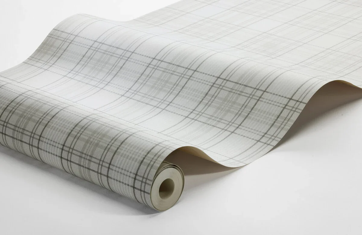 Tapeta z geometrycznym wzorem w szkocką kratkę TAILOR’S TWEED szary z białym - Image 2