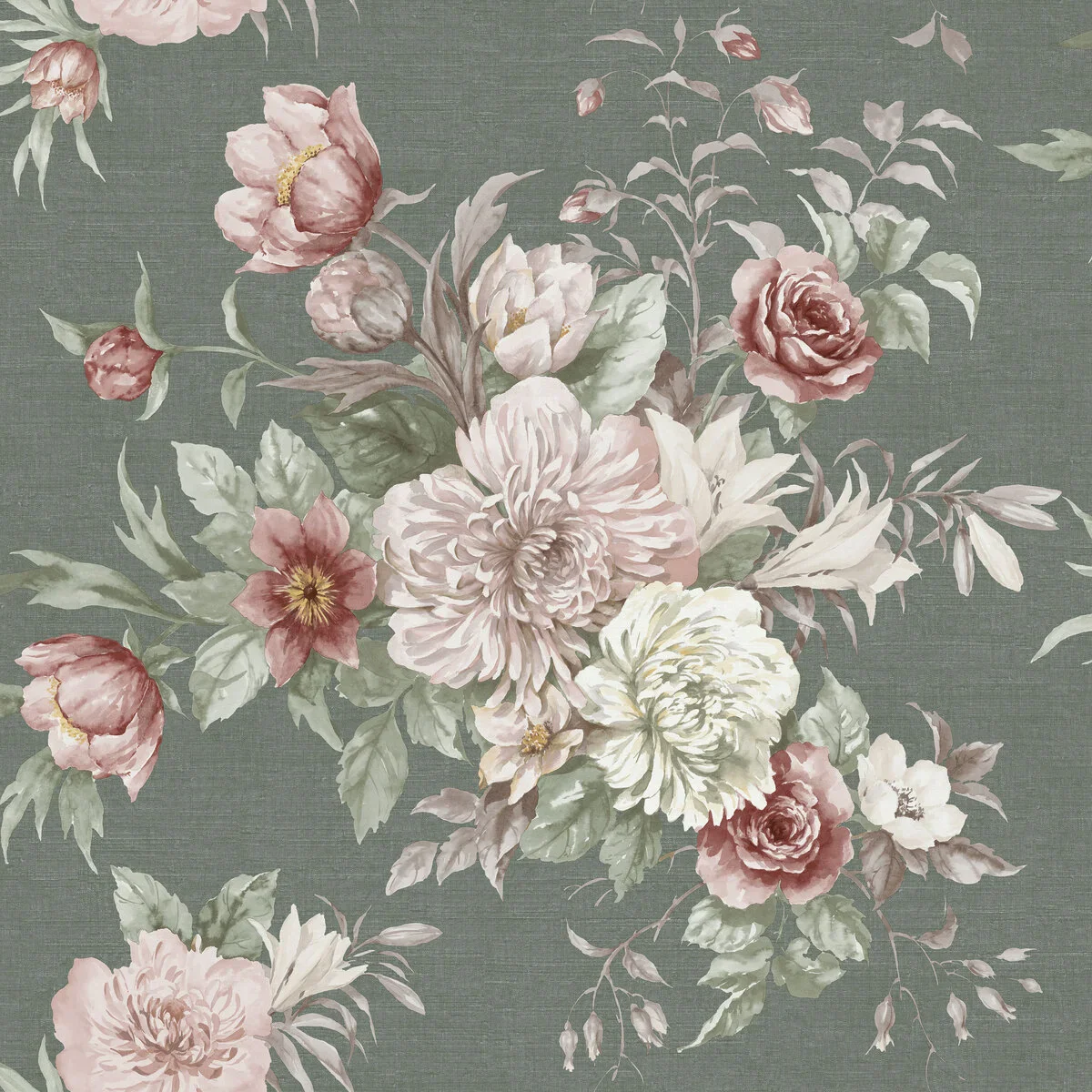 Tapeta flizelinowa papierowa z roślinnym wzorem FLORAL CHARM ciemny zielony z różowym